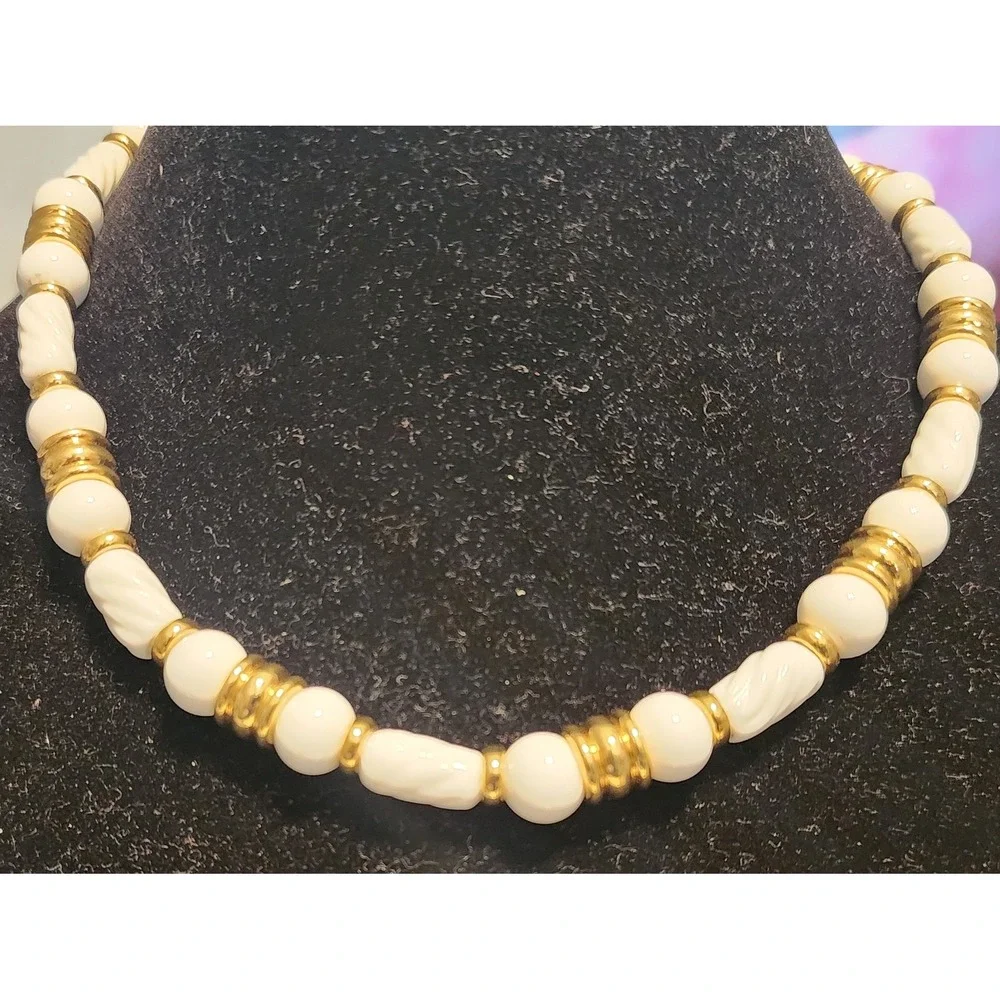 Vintage Monet White Lucite and Gold Tone Beaded Collar Necklace Adjustable Hook